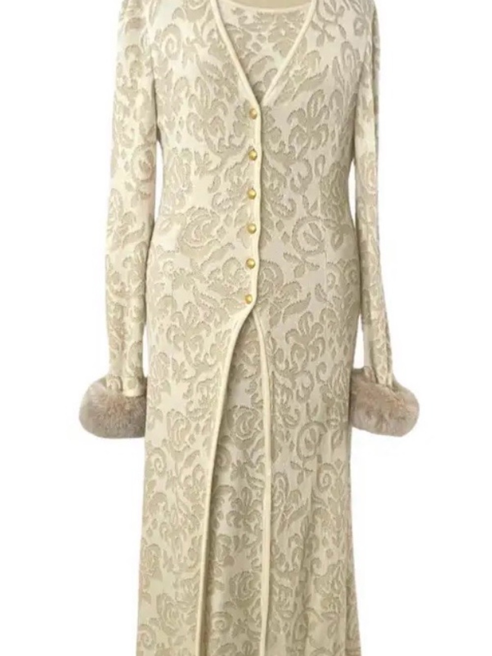 Escada Cream Brocade Maxi Dress with Fur Cuffs